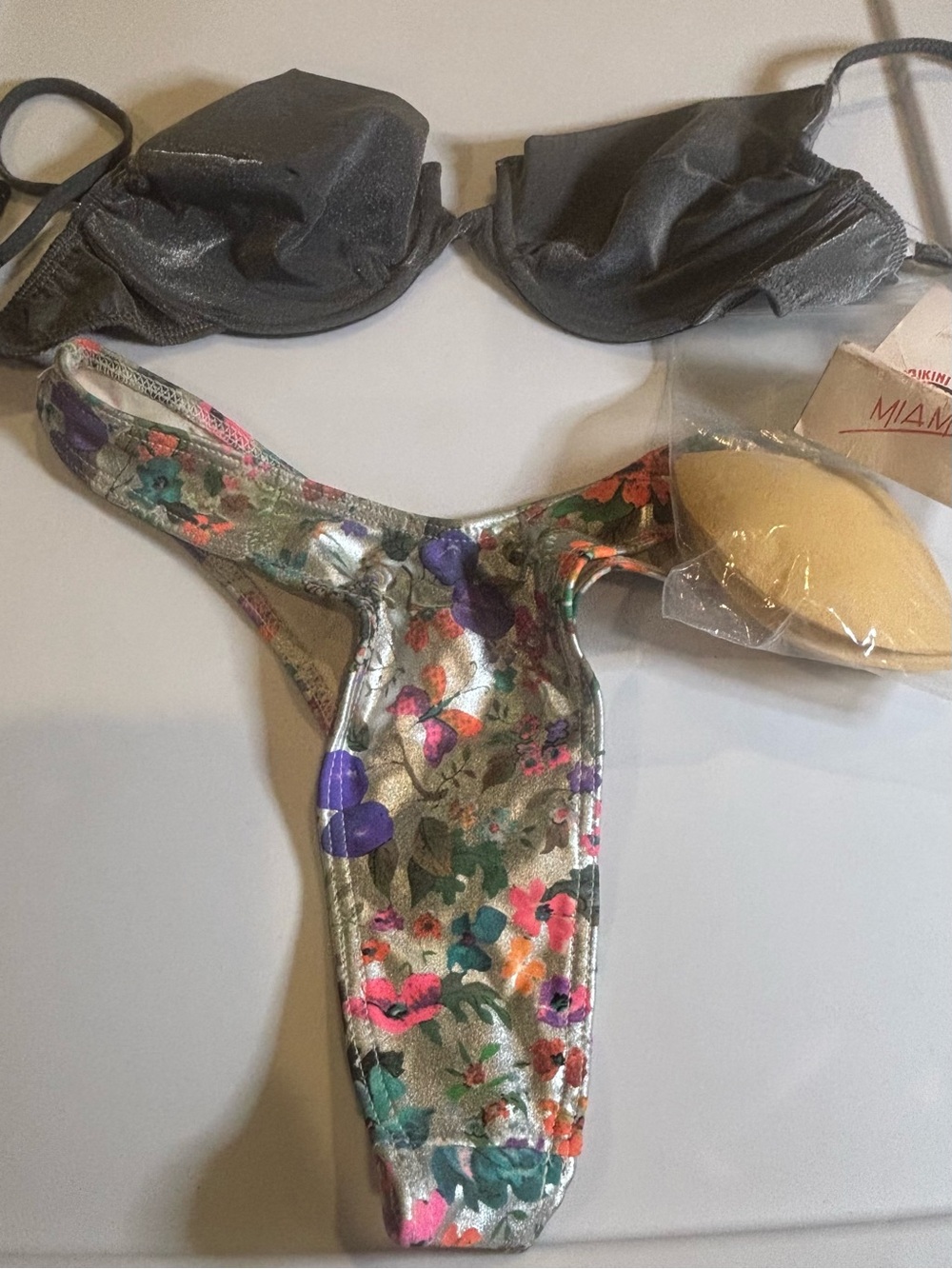 Miami Floral Metallic Thong Bikini Bottom and Gray Bikini Top Set